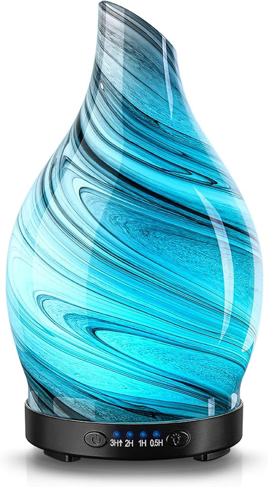 Essential Oil Diffuser, 120ML Glass Aromatherapy Diffuser with Auto Shut-Off and 7 Color LED Lights, Ultrasonic Mist Humidifier with 4 Timer for Home Office Bedroom (Gray Wave) - Bloomnest