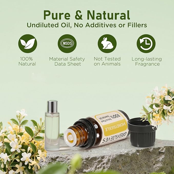 GREENSLEEVES Honeysuckle Essential Oil, 10ml Pure Plant-Based Fragrance Oil for Aromatherapy, Essential Oils for Diffuser, Air Freshener, Massage, Bath Bomb, Scented Candle Soap Making GREENSLEEVES