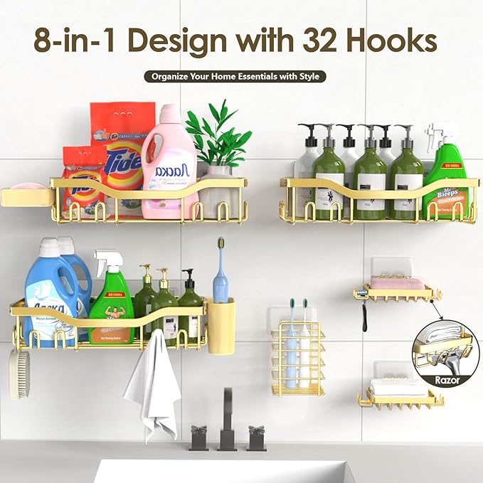 Shower Caddy Adhesive Shower Organizer 8-Pack, Rustproof Stainless Steel Bathroom Shelves, Large Capacity No-Drill Rack Storage Accessories with Soap Dish Toothbrush Holder Hooks - Bloomnest
