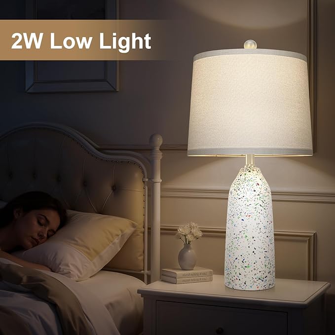 22.5" Faux Stone Table Lamps Set of 2, Farmhouse Lamps for Bedroom with Linen Shade, Rotary Switch Bedside Lamps with 3-Way Dimmable Bulb for Living Room Nightstand Home Decor(Bulb Included) - Bloomnest
