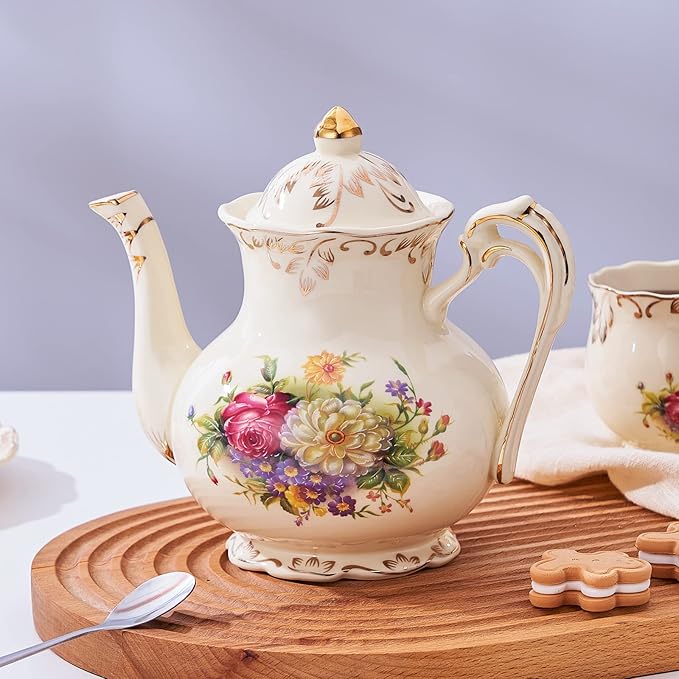 YOLIFE Flowering Shrubs Teapot, 25 oz/ 3 Cup Vintage Ivory Ceramic Tea Pot, Ivory Floral Teapot with Gold Trim - Bloomnest