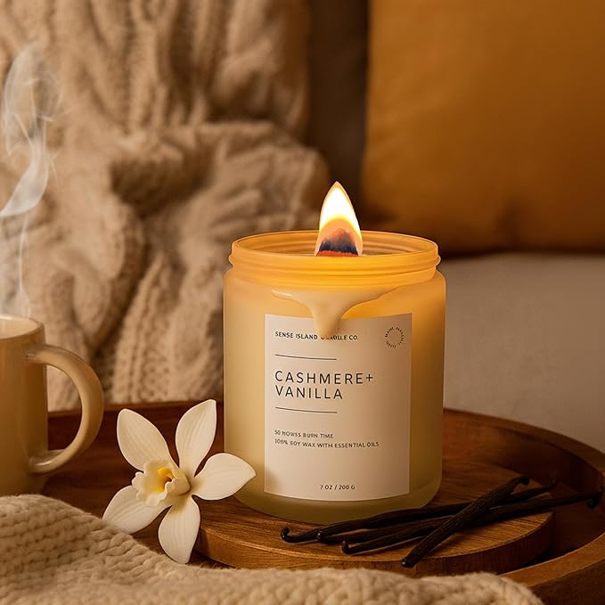 Crackling Wood Wick Vanilla Cashmere Scented Candle Natural Soy Wax 50 hrs Long Lasting Hand-Poured Highly Scented Crackle Wooden Wick Soothing Sound - Bloomnest