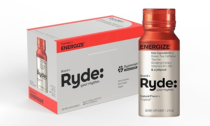 Ryde: Energize Shot | Tropical Flavor | Green Tea Caffeine, Taurine, Ginseng Extract & B Vitamins | 0 Calories, 0 Sugar | 2 FL OZ Shots | Boosts energy* (8 Pack) - Bloomnest
