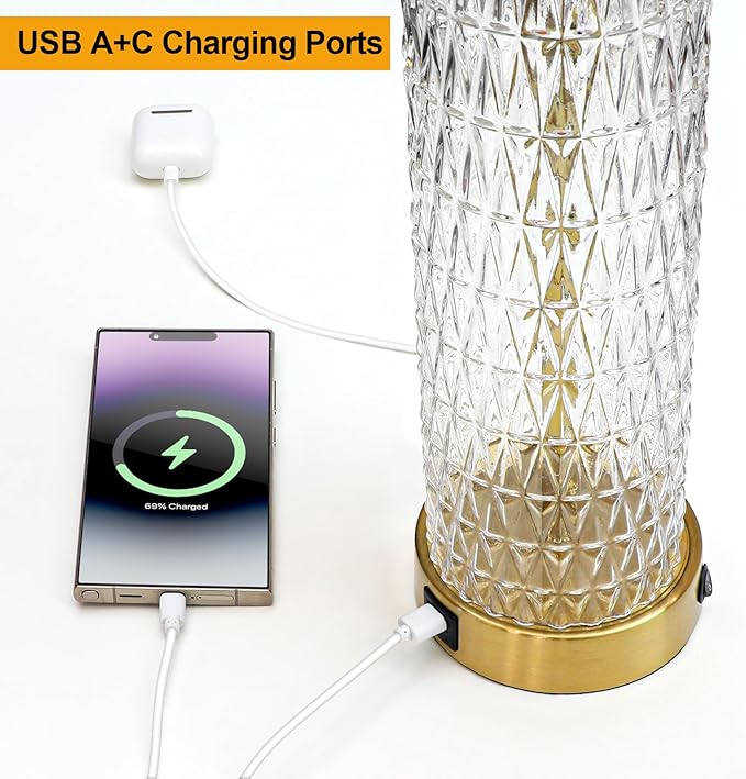 Oneach 27.75" Modern Table Lamps Set of 2, Gold Bedside Lamp with Crystal Nightlight, USB A+C, Black Grid Shade, Unique Desk Lamps for Living Room, Bedroom, Nightstand, End Table (2 Bulbs Included) - Bloomnest