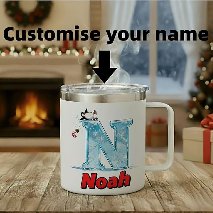 JugJug Personalized Christmas Mug with Ice Initial & Name - Funny Skating Penguin 12oz Insulated Coffee Cup w/Lid - Cool Xmas Gifts for Kids, Girls (B176) - Bloomnest