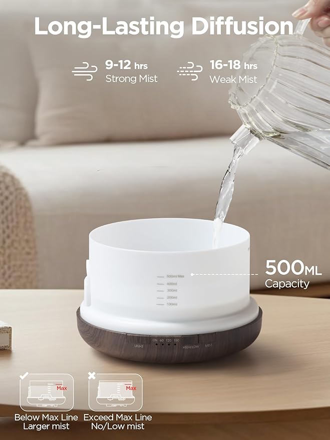 InnoGear Aromatherapy Diffuser & 10 Essential Oils Set, 500ml Essential Oil Diffuser with Remote Control Ultrasonic Cool Mist Scent Humidifier Vaporizer Auto-Off Timer for Room Office Home, Brown - Bloomnest