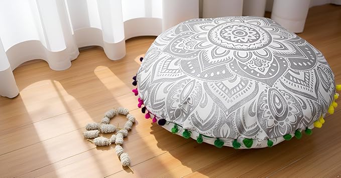 CRAFT KALA Large Round Bohemian Floor Pillow Pouf Cover Mandala Meditation Room Pillow Cover for Adults Boho Seating Poufs Cushion Cover for Kids Playroom 32" Round Silver Flower - Bloomnest