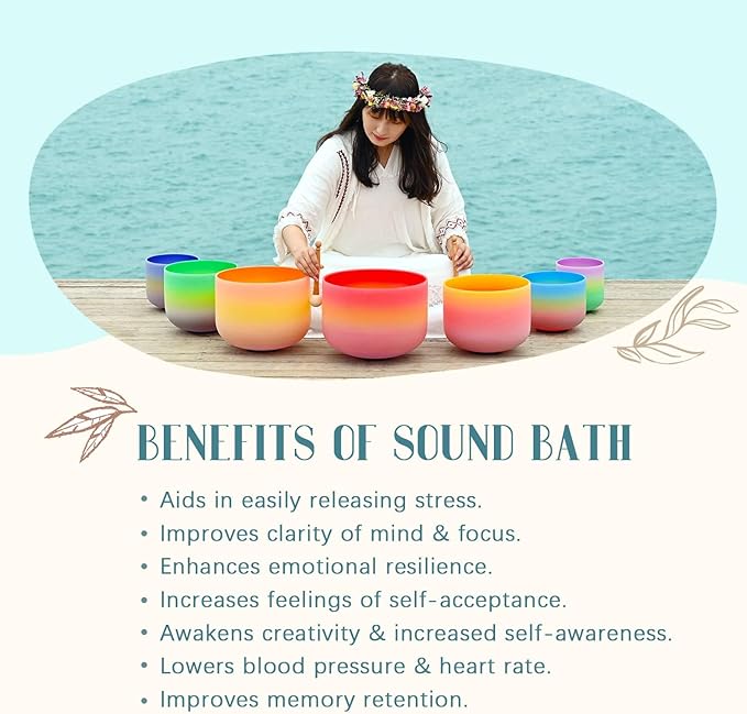440HZ 6"-12" Set of 7 PCS Quartz Rainbow Crystal Singing Bowls Set Sound Healing with Carrying Case Mallet and Suede Striker - Bloomnest