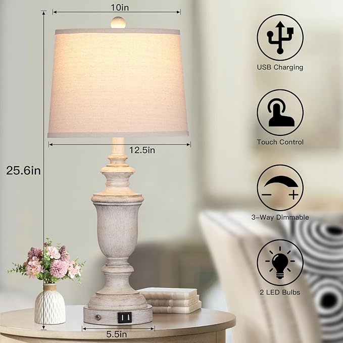 Farmhouse Table Lamps Set of 2 with USB Charging Port for Rustic Living Room Retro Bedroom,3-Way Dimmable Touch Lamp Resin Bedside Lamps for Nightstand Side End Table,Color 2 - Bloomnest