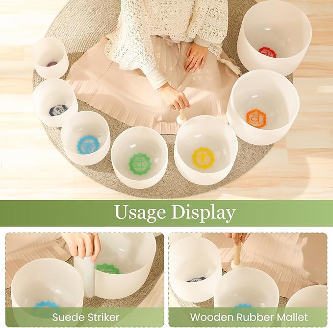 432HZ 6-12 Inch 7 Pcs Chakra Design Frosted Crystal Singing Bowl Set for Meditation Healing Yoga Chakra Quartz Crystal Sound Bowls with Heavy Duty Carry Cases and Rubber Mallet,Suede Striker,O-rings - Bloomnest