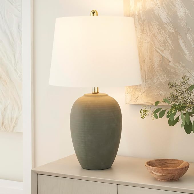 Nourison Home 23" Olive Green Ceramic Pot Table Lamp for Bedroom, Living Room, Dining Office, with White Tapered Drum Shade - Bloomnest