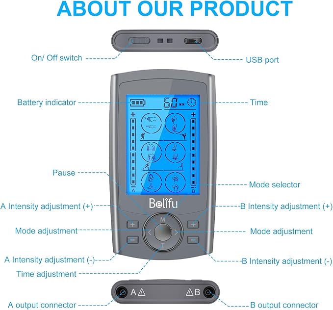 Belifu Dual Channel TENS EMS Unit 24 Modes Muscle Stimulator for Pain Relief Therapy, Electronic Pulse Massager Muscle Massager with 10 Pads, Dust-Proof Drawstring Storage Bag, Fastening Cable Ties Belifu