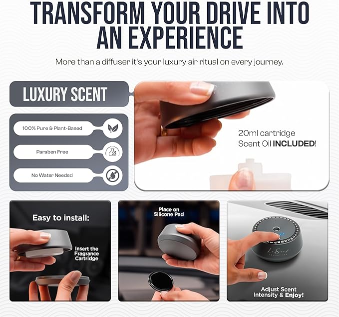 Smart Car Diffuser with 20ML Scent Oil Included - Car Air Freshener - Aromatherapy Diffuser - Portable, Compact, Cordless and Quiet Device - Deluxe Car Diffuser Luxscent Collection - Bloomnest