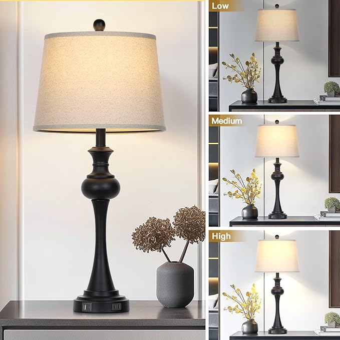 28.75" Black Table Lamps Modern 3-Way Dimmable Bedside Lamp with USB A+C Ports & AC Outlets for Living Room Bedroom Nightstand Lamp,Beige Fabric Shade Mid Century Accent Style - Bloomnest