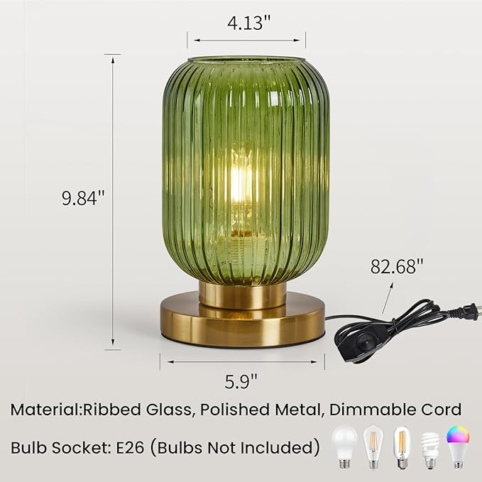 Mid Century Modern Table Lamp: Vintage Green Ribbed Glass Globe Dimmable Plug in Small Bedside Lamps - Cute Brass Gold Side Table Lamp Nightstand Light for Bedroom Entryway Office Desk Living Room - Bloomnest