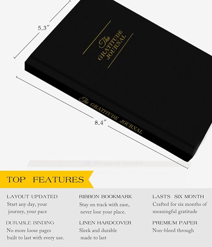 The Original Gratitude Journal with Inspiring Prompts & Quotes for Mindfulness, Reflection & Personal Growth - Daily Wellness Journal for Men & Women - Luxurious Linen Black Cover Bloomnest
