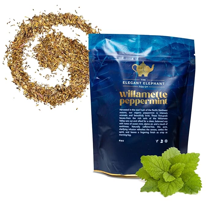Willamette Peppermint Tea, Organic Loose Leaf Mint Herbal Tea – Soothing, Caffeine-Free – Refreshing Hot or Iced – 4 oz Resealable Bag (Makes 50 Cups) – The Elegant Elephant - Bloomnest
