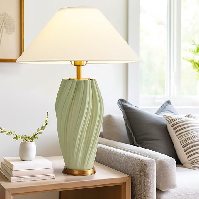 Modern Large Ceramic Table Lamps 24.5", Sage Green Plug in Table Lamp Decorative for Living Room Office Bedroom Bedside Nightstand (Textured) - Bloomnest