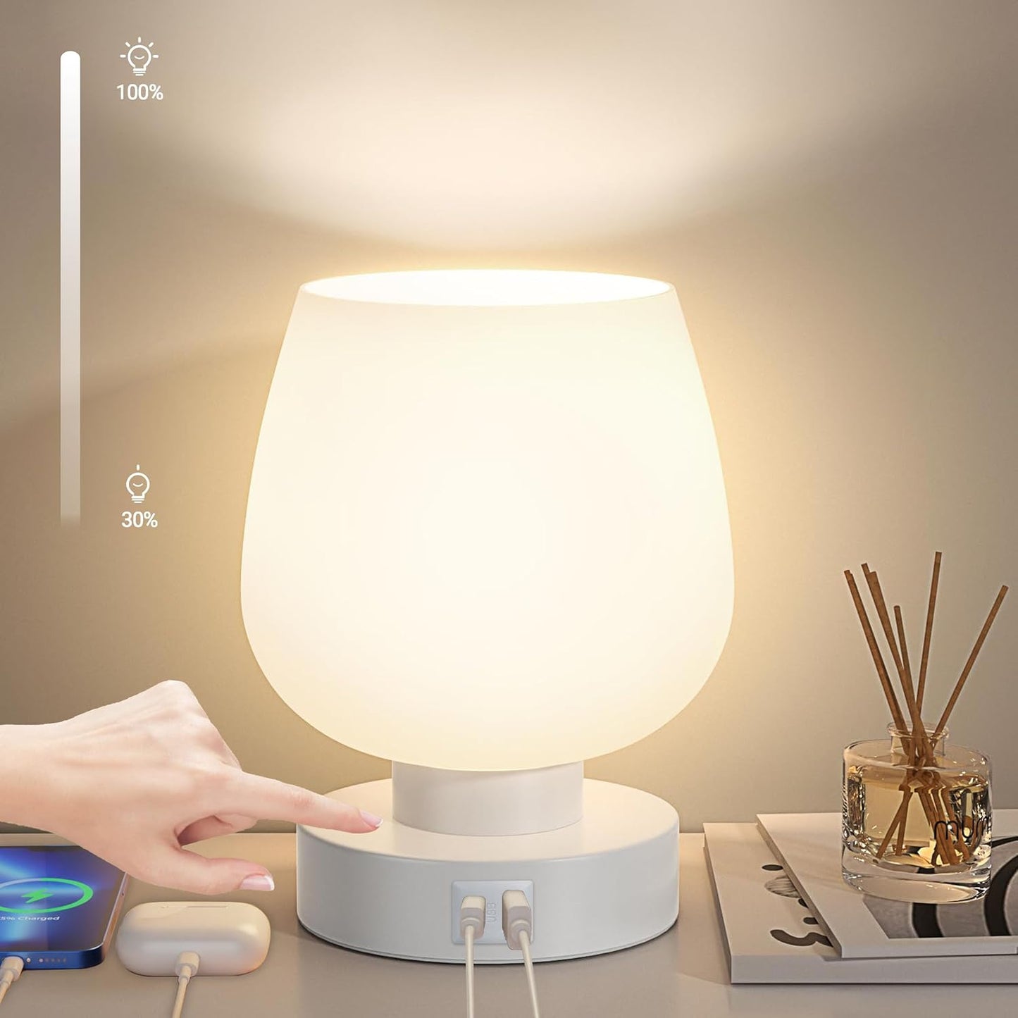 Touch Bedside Lamp, Mini Stepless Dimmable Table Lamps for Bedroom for Night Stands, Small Desk Lamp with Brightness Memory, USB Charging Ports, Warm LED Bulb, White, Round Shape, 1 Set