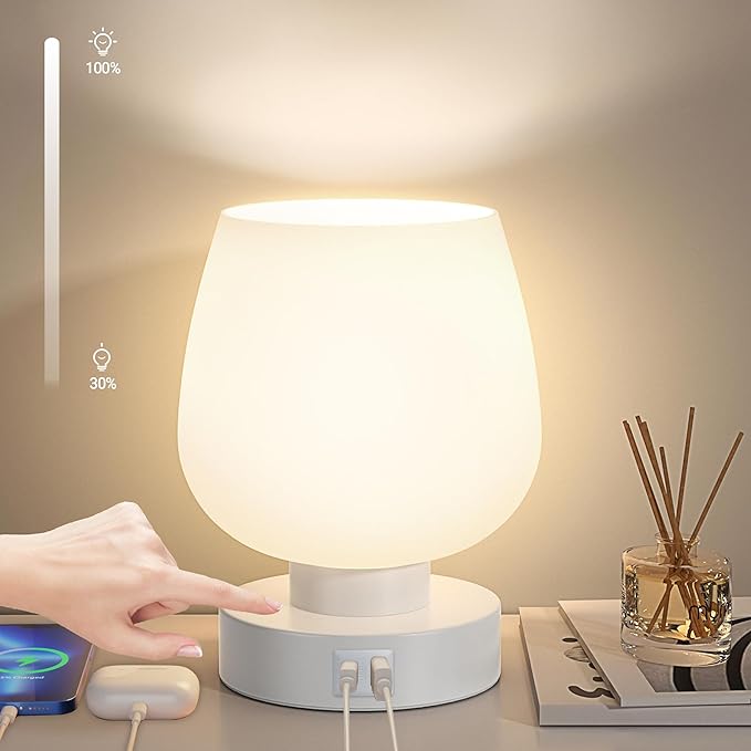 Touch Bedside Lamp, Mini Stepless Dimmable Table Lamps for Bedroom for Night Stands, Small Desk Lamp with Brightness Memory, USB Charging Ports, Warm LED Bulb, White, Round Shape, 1 Set - Bloomnest