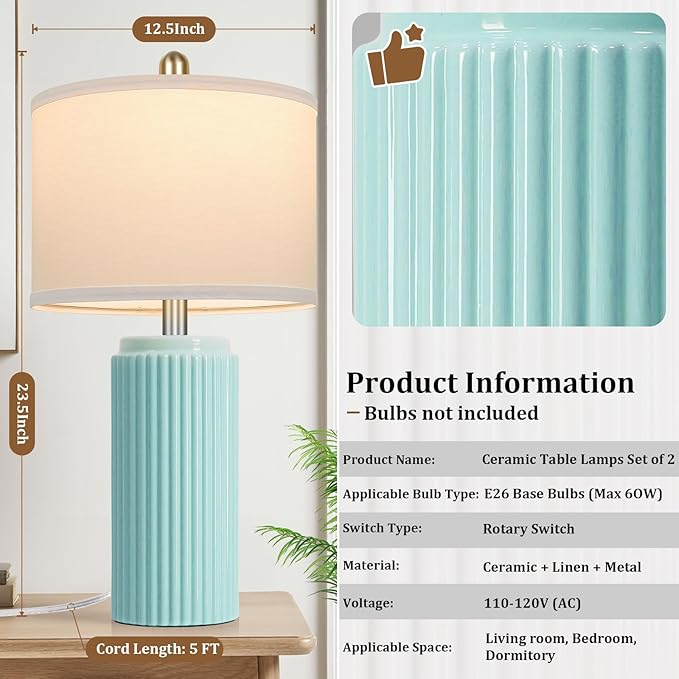 23.5’’ Light Green Coastal Table Lamps for Bedroom Set of 2, Modern Ceramic Nightstand Lamps for Living Room, Elegant Bedside Lamps with White Line Shade Set for Reading, Farmhouse Side Table Lamps - Bloomnest