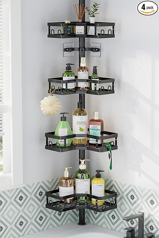 HEVEL Corner Shower Caddy Tension Pole, Adjustable Shower Organizer Corner 62-115 Inch, Rustproof Bathroom Storage Shower Shelves, Black - Bloomnest