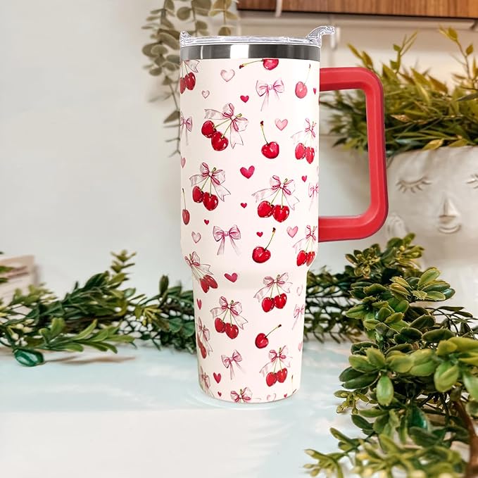 40oz Cherry Bow Coffee Mug Cup Water BottlesTumbler With Handle Lid and Straw,Cherry Decor Stuff Accessories - Bloomnest