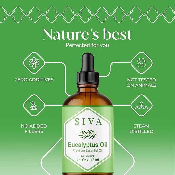 Siva Eucalyptus Essential Oil - 4 Fl Oz – 100% Natural Eucalyptus Oil - for Diffuser, Face, Skin Care, Aromatherapy, Hair Care, Scalp and Body Massage - with Dropper - Bloomnest