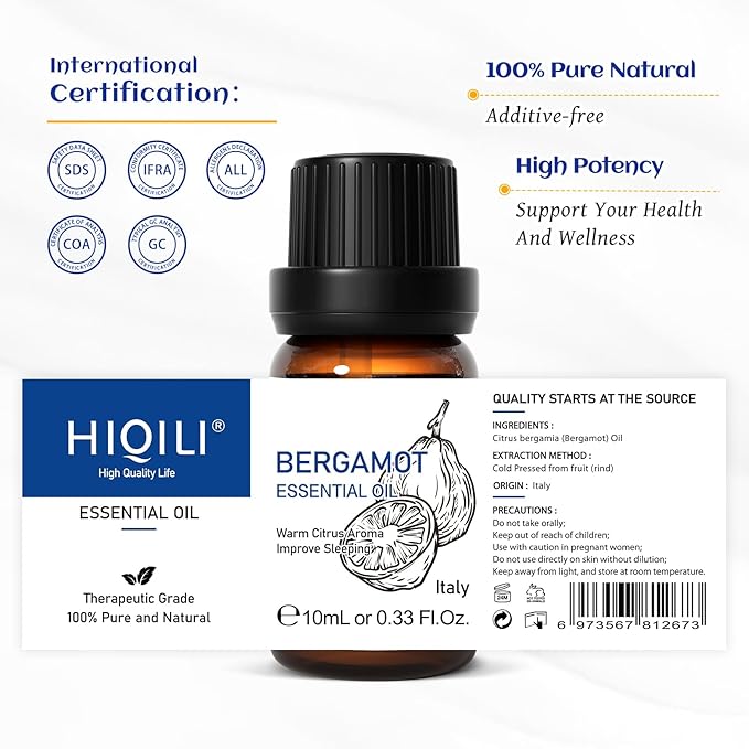 HIQILI Bergamot Essential Oil for Diffuser, Skin, Hair, DIY, 100% Pure & Natural, Travel Size - 0.33 Fl Oz (10 mL) - Bloomnest
