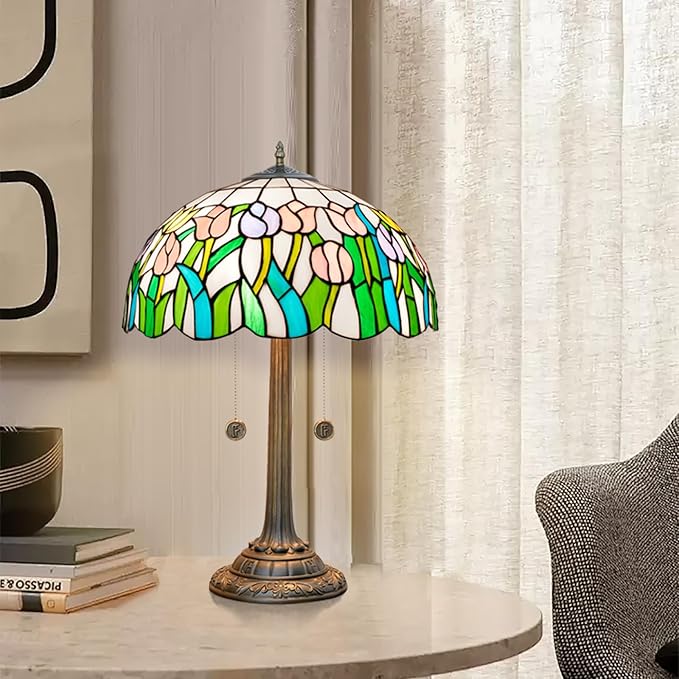Tiffany Lamp Pink Yellow Tulips Stained Glass Table Lamp 16 inch Large Desk Light Antique Beside Reading Lamp for Home Living Room Bedroom Office - Bloomnest