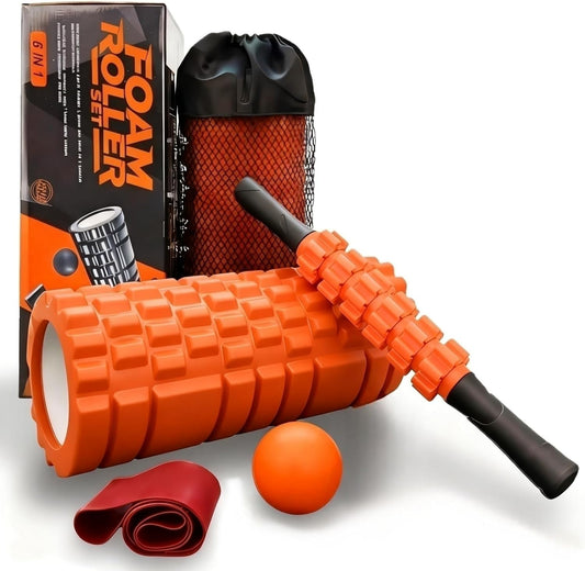 5 in 1 Foam Roller Set Includes Hollow Core Massage Roller, Yoga Stick, Massage Ball, Fitness Stretching Strap, Carrying Bag, Towel, Massage Roller (Orange)