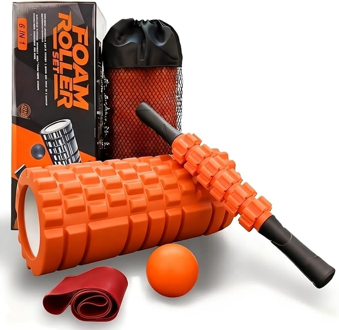 5 in 1 Foam Roller Set Includes Hollow Core Massage Roller, Yoga Stick, Massage Ball, Fitness Stretching Strap, Carrying Bag, Towel, Massage Roller (Orange) - Bloomnest