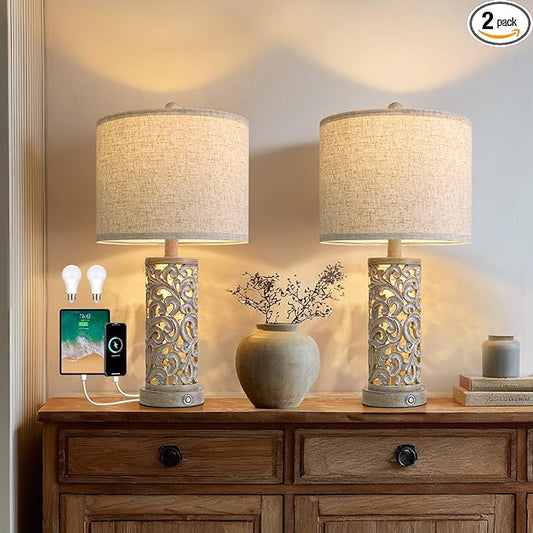 22" Dual Light Table Lamps Set of 2, Touch Lamp with 3-Level Dimming, Lamps for Bedroom with USB A+C Charging Ports, Farmhouse Lamps for Living Room and Night Stands - Bloomnest