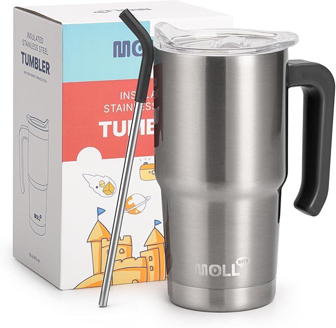 Insulated Tumbler with Handle 16 oz Stainless Steel Double Wall Vacuum Tumbler Cups Travel Coffee Mug with Lid and Straw(Silver) - Bloomnest