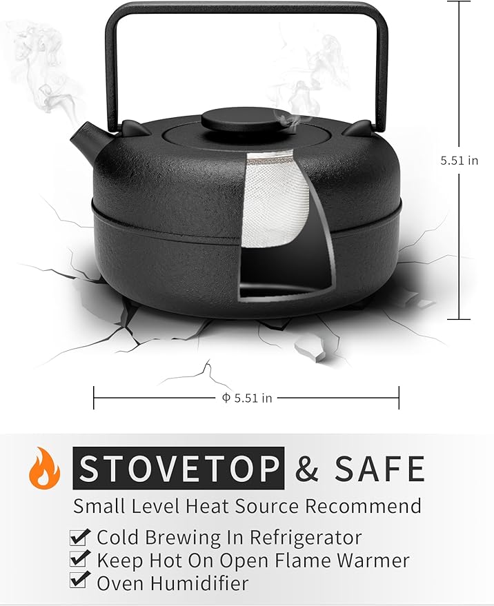 Toptier Teapot with Removable Infuser, Cast Iron Tea Kettle Stovetop Safe, Solid Geometry Cylinder Design Tea Pot Coated with Enameled Interior for 27 Ounce (800 ml), Black - Bloomnest