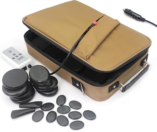 Portable 20 PCS Massage Stones Warmer Set, Temp Control Hot Stone Heater, Heating Massager Travel Bag w/Car Adapter for Professional/Home Spa (Brown) - Bloomnest