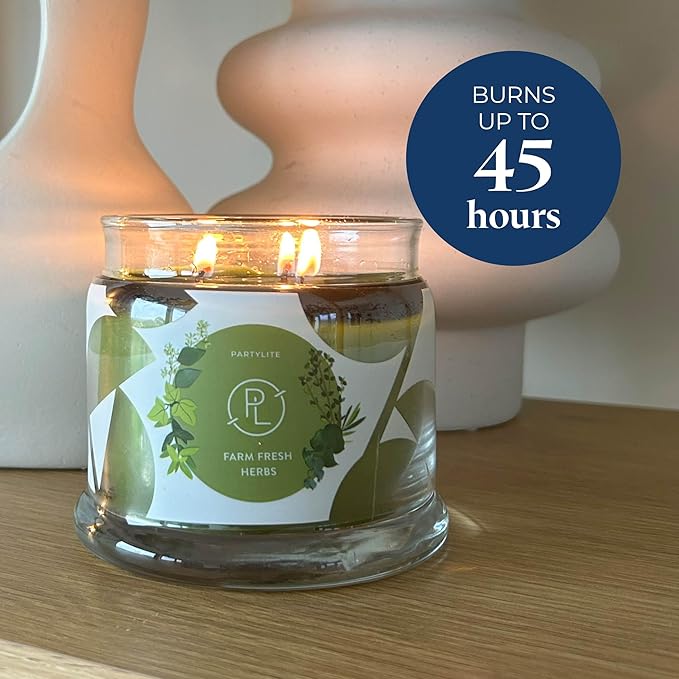 PartyLite Farm Fresh Herbs Scented, Notes of Eucalyptus, Thyme, Garden Mint, Cedarwood & Patchouli, 13.2oz 3-Wick Jar Candle, 45 Hour Burn Time, Luxurious Fragrance, Ideal for Gifting - Bloomnest