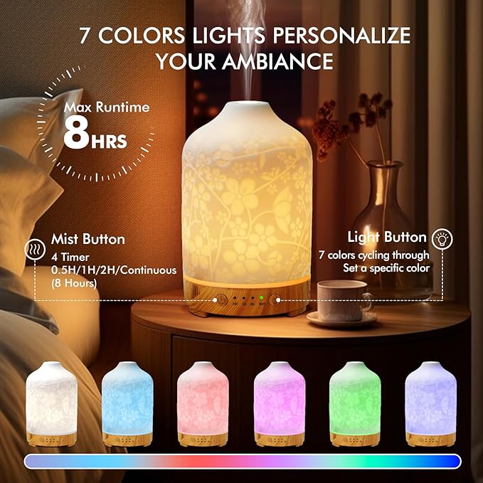 Aromatherapy Essential Oil Diffuser 150ml Ceramic Ultrasonic Aroma Oil Diffuser Humidifier Whisper Quiet Timer Setting 7 LED Colors Changing Lights for Home Office (Cherry Blossom) - Bloomnest