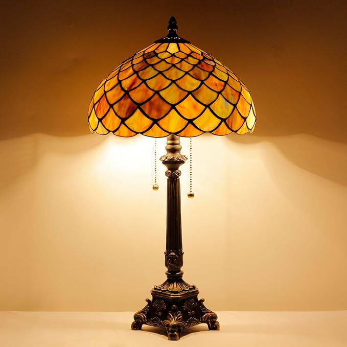 Tiffany Lamp Fish Scales Style Stained Glass Table Lamp Desk Reading Light 12X12X21 Inches with Resin Base Decor Bedroom Living Room - Bloomnest