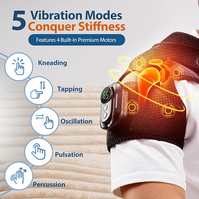 Cordless Shoulder Heating Pad with Magnetic Detachable Remote Control - Heated Massager Shoulder Brace for Pain Relief with 5 Vibration Modes & 5 Heating Levels, Gift for Men Women, Black - Bloomnest