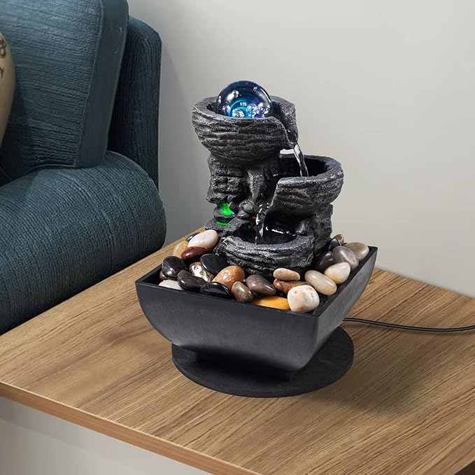 Tabletop Fountain Indoor Waterfall Meditation Fountain Like Layers of Rock Desktop Water Feature Includes Many Natural River Rock LED Lights Rolling Decorative Bubble Balls - Bloomnest