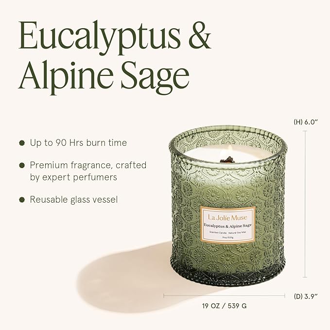 LA JOLIE MUSE Eucalyptus & Alpine Sage Candle – Eucalyptus, Sage & Lavender | 19 oz Wooden Wick | Natural Soy Wax | 90 Hours Burn | Candle for Relaxation - Bloomnest