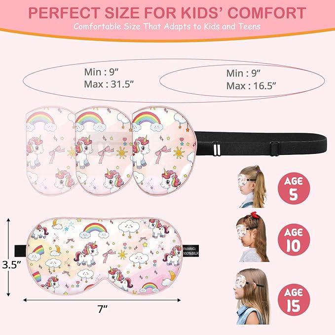 Kids Silk Sleep Mask: 100% Mulberry Silk Eye Mask with Adjustable Strap, Cute Sleeping Blindfold for Boys Girls Teens, Soft & Lightweight Eye Shade for Travel, Nap, Bedtime (Pink Horse Style) - Bloomnest