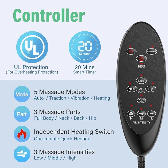 Back Massager with Heat & Traction & Vibration, Seat Massager Pad for Pain Relief Deep Tissue, Lumbar Traction, PU Leather, Foldable, for 5’ to 6’1”, Massage Chair Pad for Office Home - Bloomnest