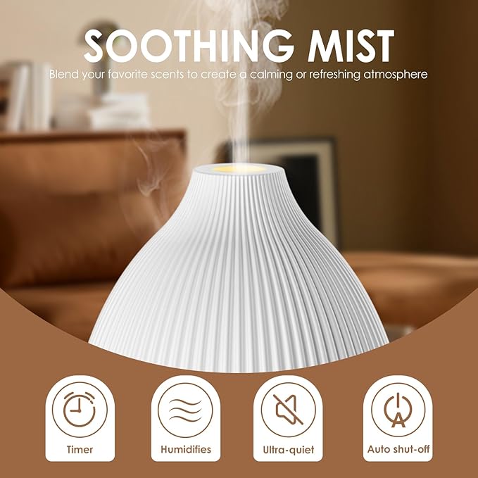 SALKING Essential Oil Diffuser, 100ml Aromatherapy Diffusers with Adjustable Mist Mode Timer Setting, Ultrasonic Diffusers for Essential Oils, 8 LED Colors, for Office Home (White) - Bloomnest