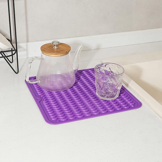 Silicone Dish Drying Mat for Multiple Usage,Easy clean,Eco-friendly,Heat-resistant Silicone Mat for Kitchen Counter or Sink,Refrigerator or Drawer liner Purple M 12 inches x 12 inches - Bloomnest