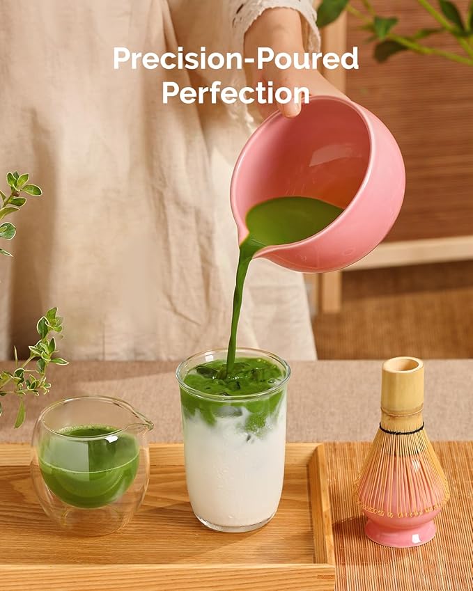 Maestri House Pink Matcha Whisk Set, 7-Pc Complete Matcha Kit with Spouted Ceramic Bowl, Bamboo Whisk and Holder, Scoop, Spoon Rest & Sifter, Tea Cloth – Ideal Gift for Matcha Lovers (Pink) - Bloomnest