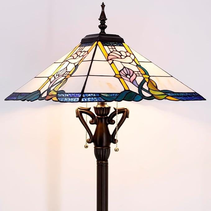 Tiffany Floor Lamp Pink Flower Mission Style Stained Glass Standing Reading Light 16X16X64 Inch - Bloomnest