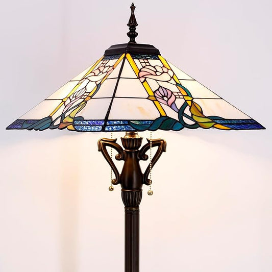 Tiffany Floor Lamp Pink Flower Mission Style Stained Glass Standing Reading Light 16X16X64 Inch - Bloomnest
