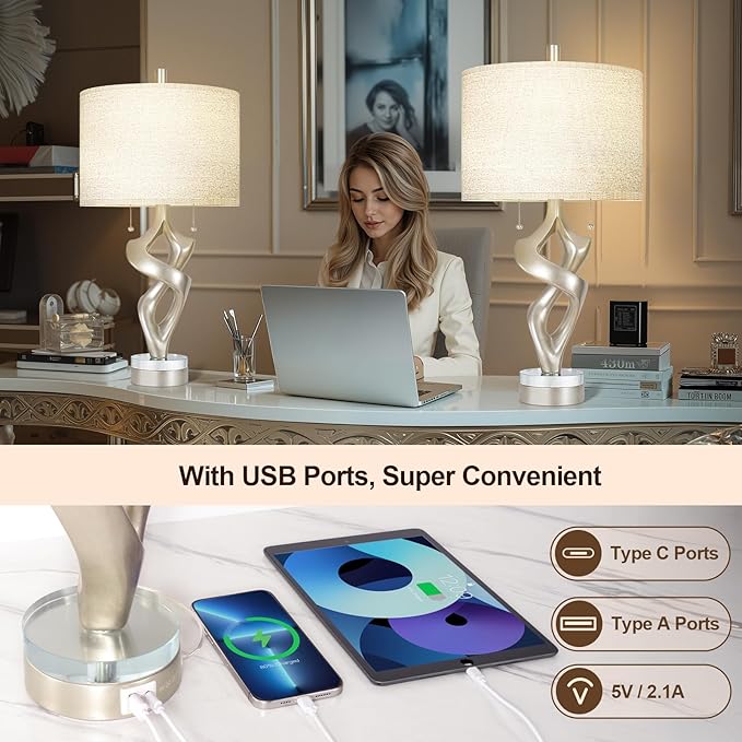 Scenekoy Sculptural Resin Table Lamp Set of 2 with USB Ports for Bedroom Living Room, 26” Antique Silver Leaf Dual Pull Chains Bedside Lamps, Nightstand Lamp for Home Room Decor (Bulbs Included) - Bloomnest